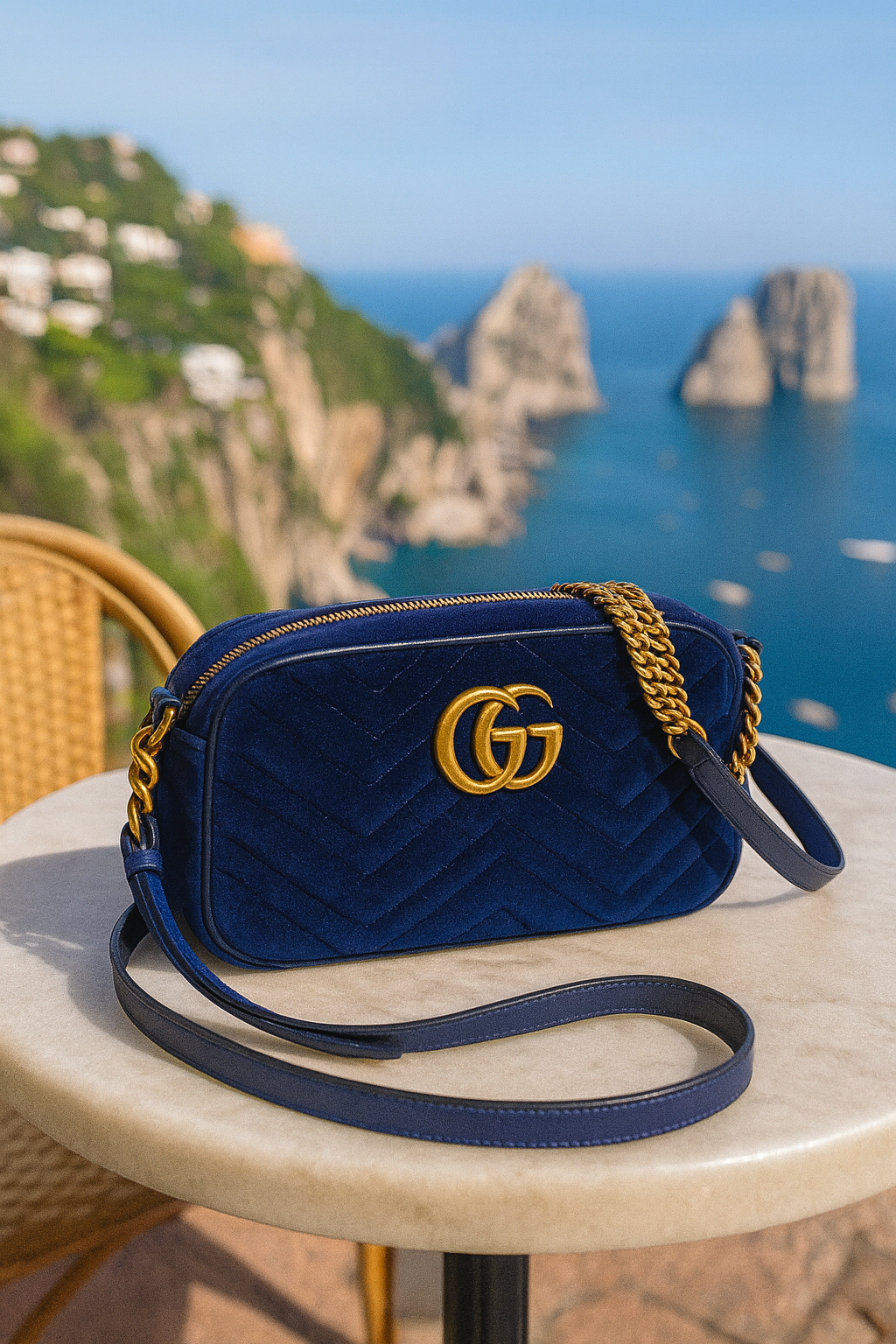 Gucci GG Marmont Mini in Velluto Blu con Dettagli Dorati